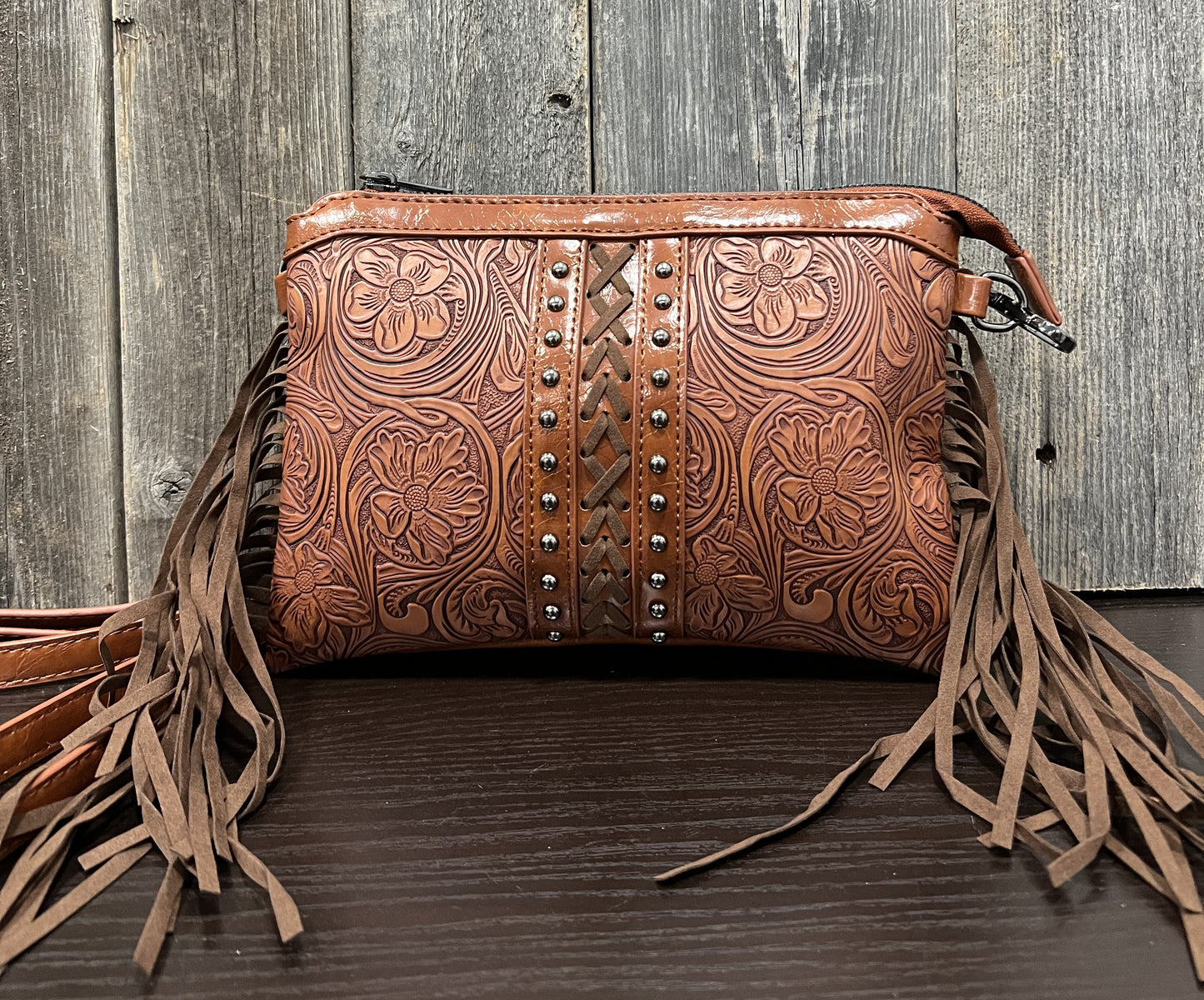 WOMEN'S TOOLED AZTEC LEATHER PURSE W/ FRINGE