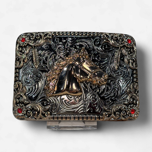 RANGER DARK SILVER/GOLD/RED HORSE SQUARE BUCKLE