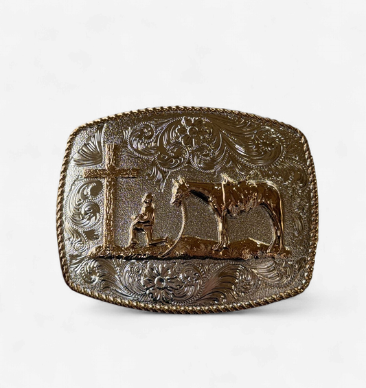 PRAYING COWBOY GOLD BORDER BUCKLE