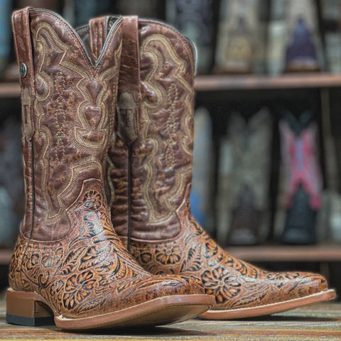 TM201706 TANNERMARK MEN'S SAWYER EMBOSSED TOOLED  COGNAC SADDLE STAMP BOOT