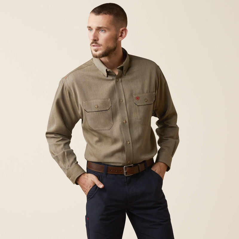10040900| ARIAT MENS FR AIR INHERENT LS WORK SHIRT KHAKI HEATHER