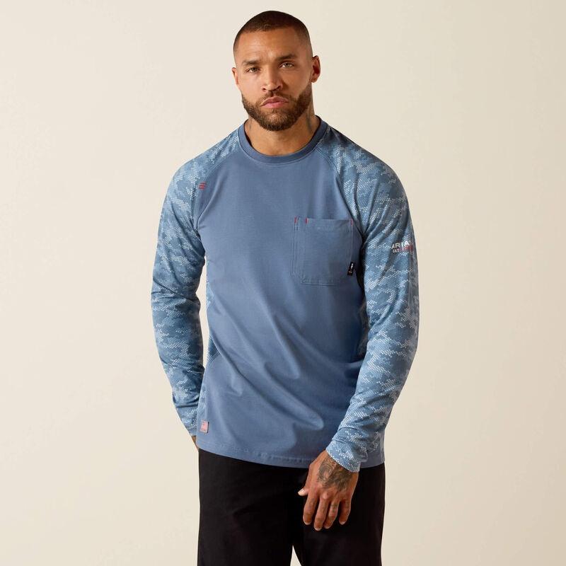 10071499 | ARIAT MEN'S FR AC STRETCH CAMO BASEBALL L/S T-SHIRT - BALEEN BLUE