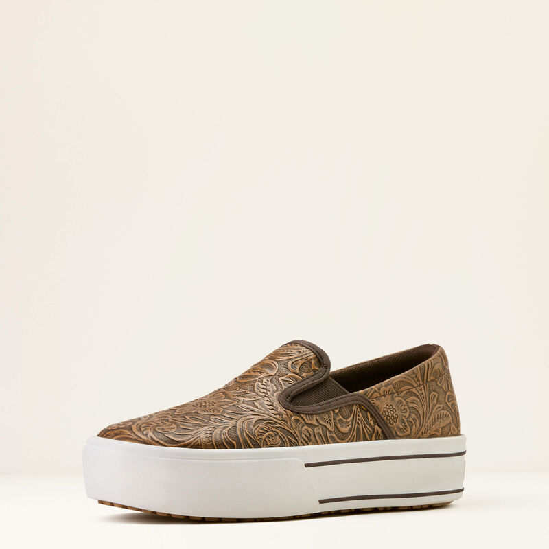 10074362 | ARIAT WOMEN'S SKYLAR SLIP ON CASUAL SHOE - BROWN FLORAL EMBOSSESD