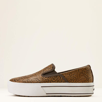 10074362 | ARIAT WOMEN'S SKYLAR SLIP ON CASUAL SHOE - BROWN FLORAL EMBOSSESD