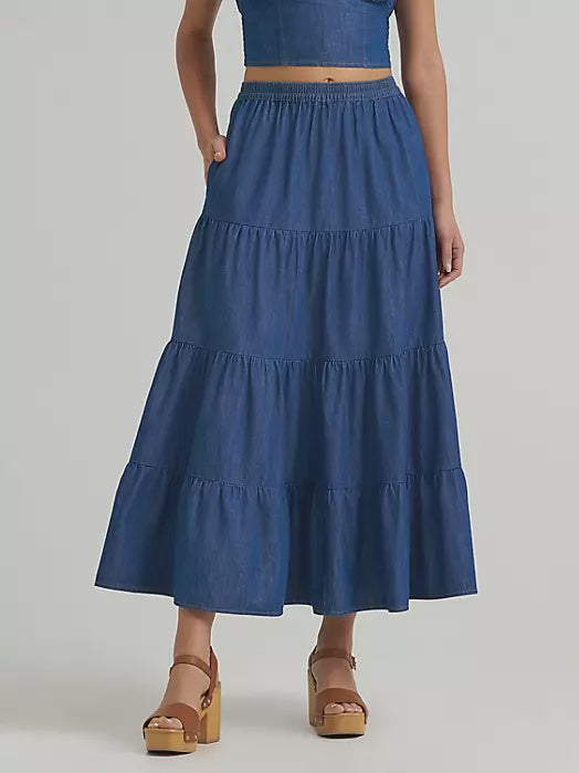 112375219 | WRANGLER WOMEN'S DENIM TIERED MAXI SKIRT - DARK DENIM