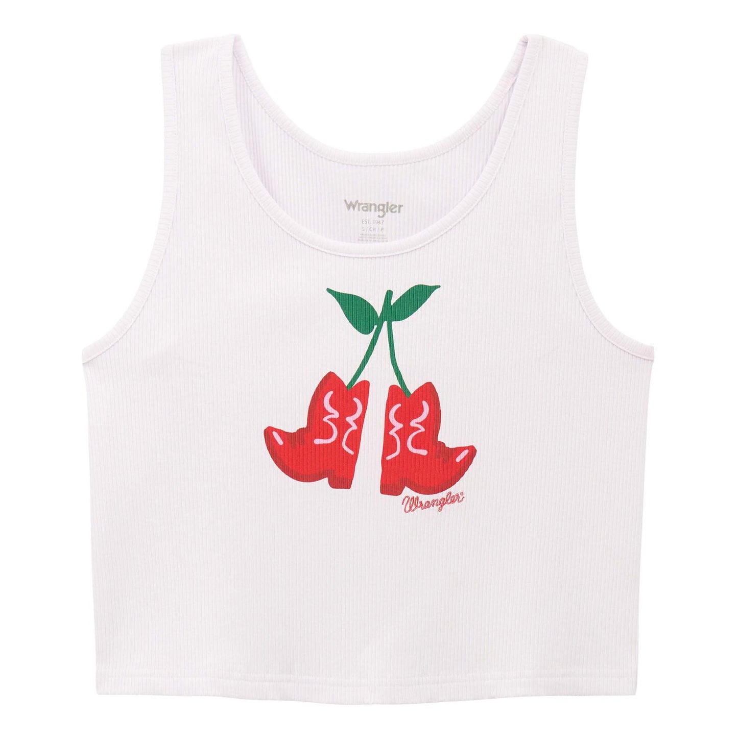 112375858 | WRANGLER WOMEN'S BRIGHT WHITE CHERRY BOOTS SLIM CROP TANK TOP