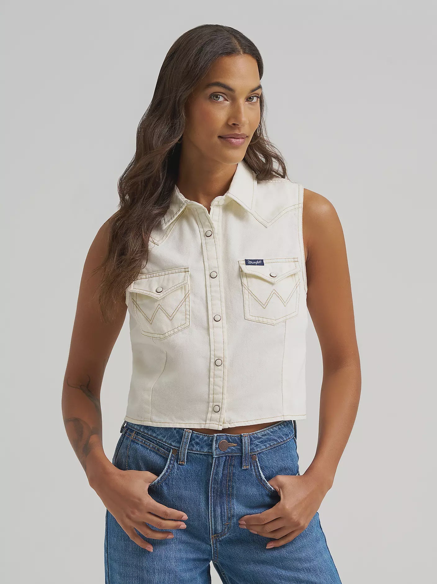 112379493 | WRANGLER WOMENS SLEEVELESS DENIM WHITE VEST TOP