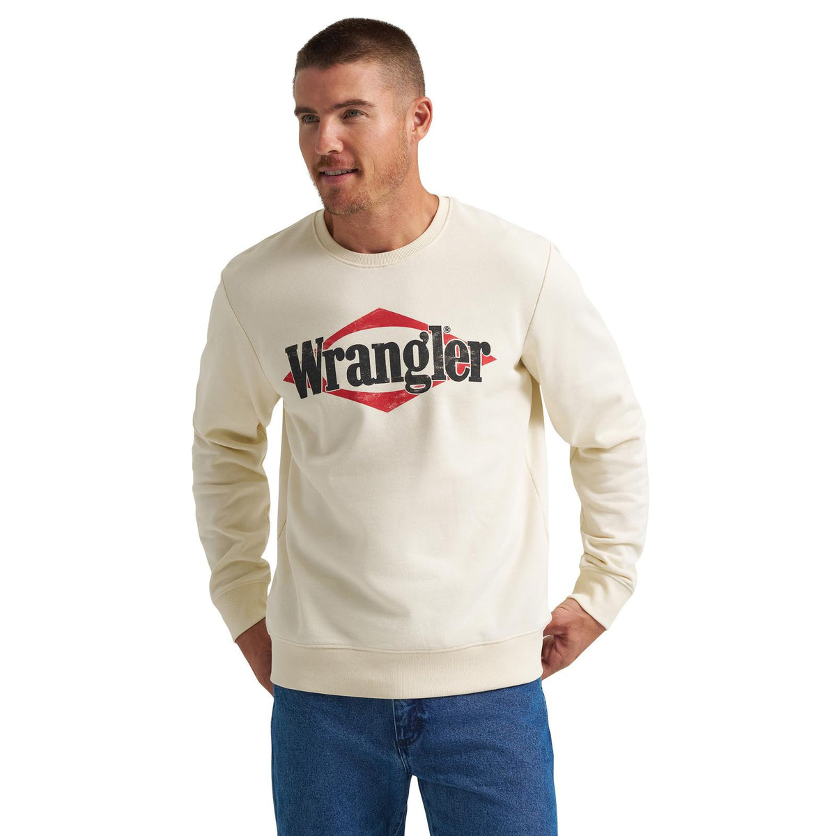 112383963 | WRANGLER MEN'S DIAMOND LOGO REGULAR FIT CREW FLEECE SWEATSHIRT - ANTIQUE WHITE
