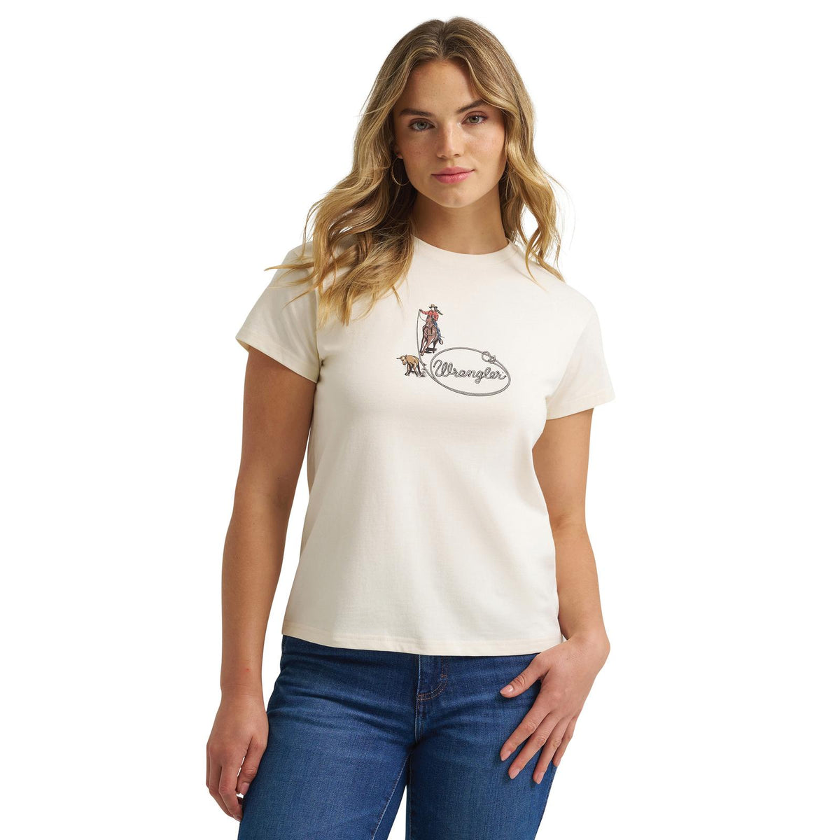 112384062 | WRANGLER WOMEN'S RETRO ROPING GRAPHIGH REGULAR FIT S/S T-SHIRT - ANTIQUE WHITE