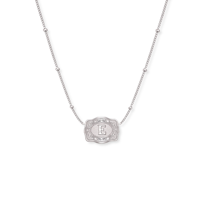SPURWEST ULTRA-MINI SILVER INITIAL BELT BUCKLE NECKLACE - BEADED CHAIN