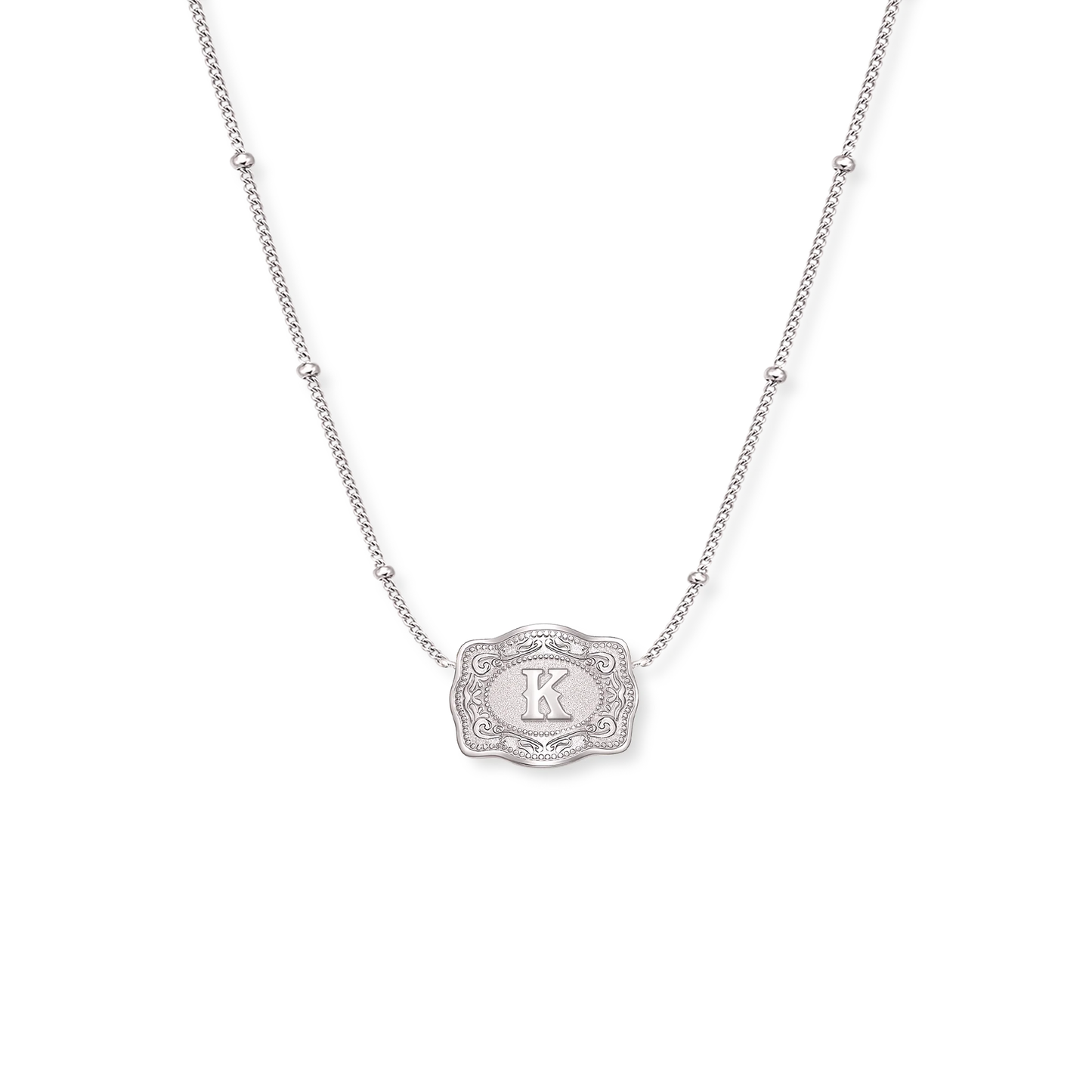 SPURWEST ULTRA-MINI SILVER INITIAL BELT BUCKLE NECKLACE - BEADED CHAIN