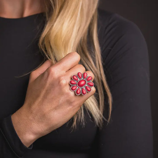 R269RD | WEST & CO RED FLOWER CLUSTER ADJUSTABLE RING