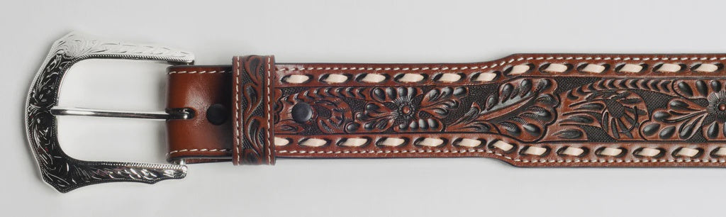 1666 COWBOY CHROME CHOCOLATE BUCK STITCH FLORAL TOOLED BELT
