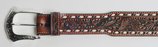1666 COWBOY CHROME CHOCOLATE BUCK STITCH FLORAL TOOLED BELT