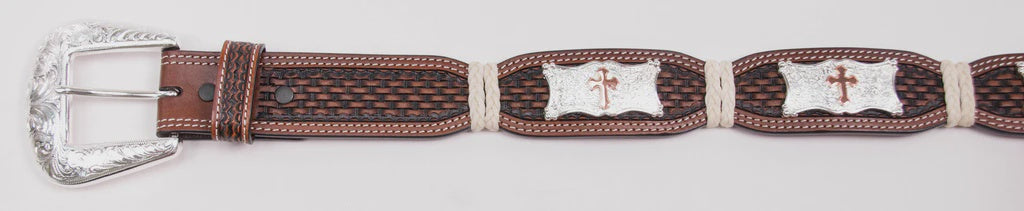 1805 | COWBOY CHROME MEN'S CHOCOLATE SCALLOPED TOOLED CROSS CONCHO-DOUBLE STITCH BELT