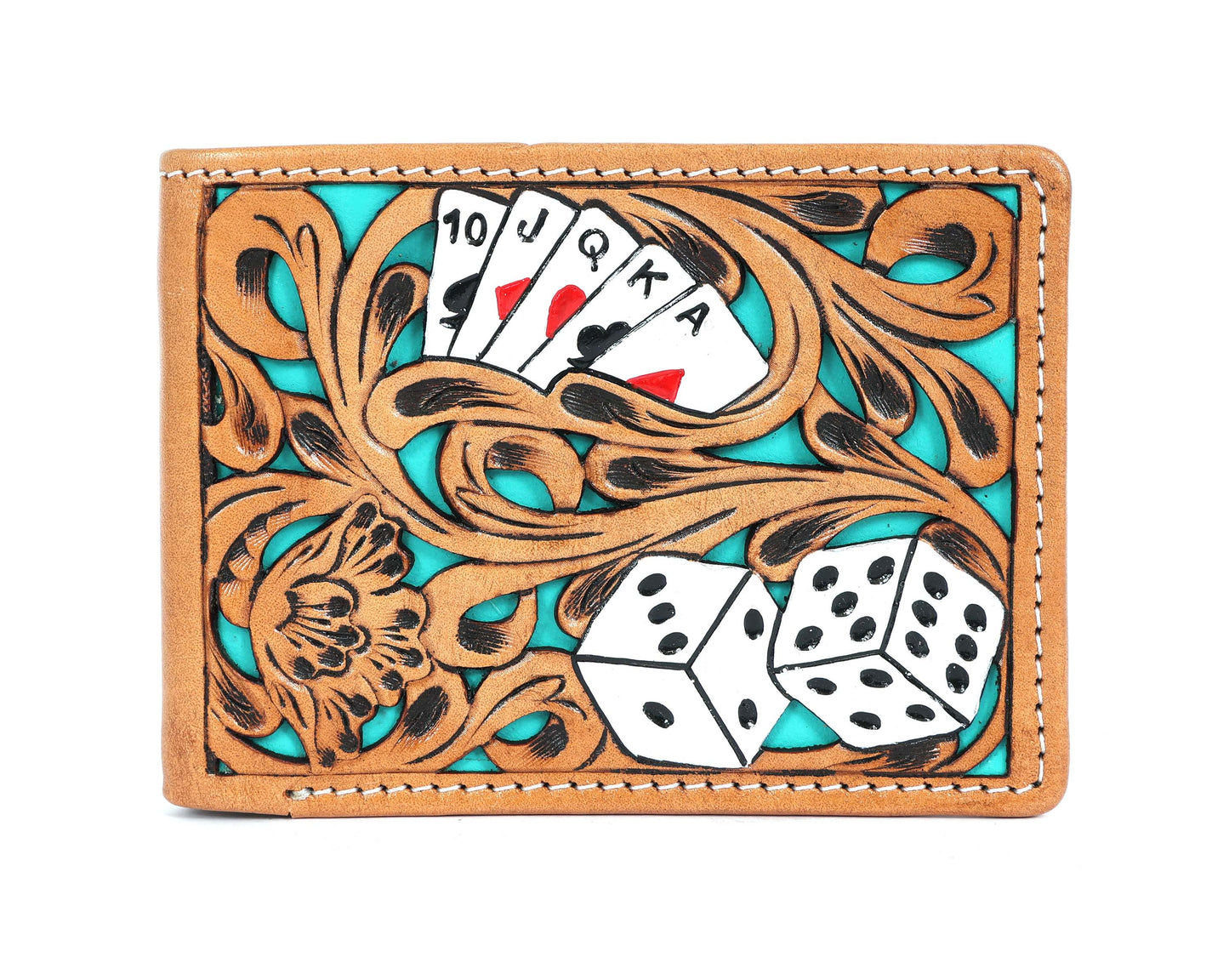 18FKW081B | CHALLENGER BELT MEN'S POKER HAND & DICE WITH TURQUOISE UNDERLAY BIIFOLD WALLET