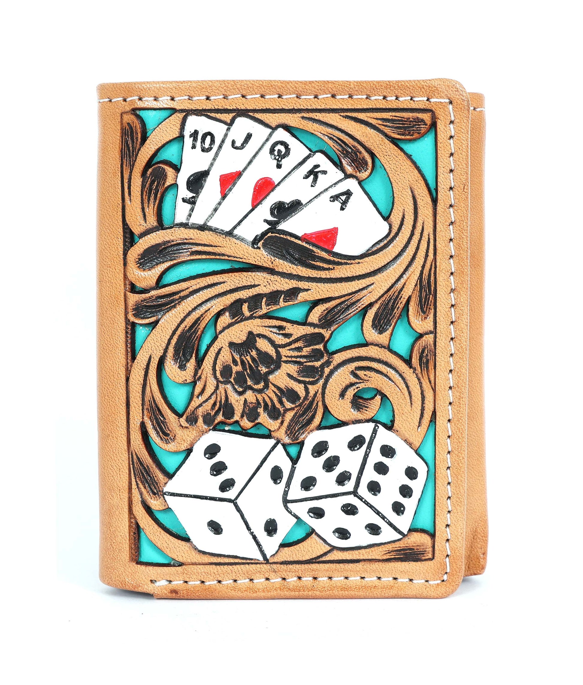 18FKW081T | CHALLENGER BELT MEN'S POKER HAND & DICE WITH TURQUOISE UNDERLAY TRIFOLD WALLET