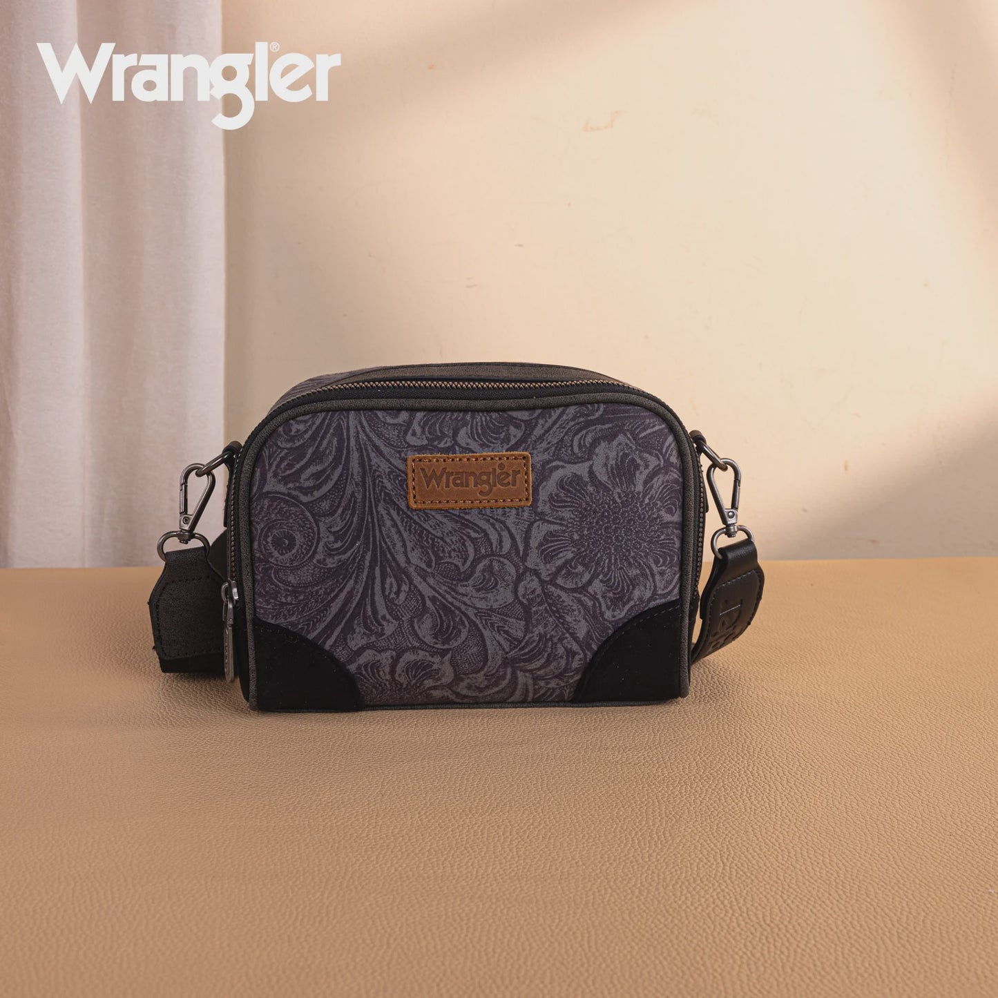 WG277-1833BK | WRANGLER VINTAGE FLORAL PRINT SMALL CROSSBODY PURSE - BLACK