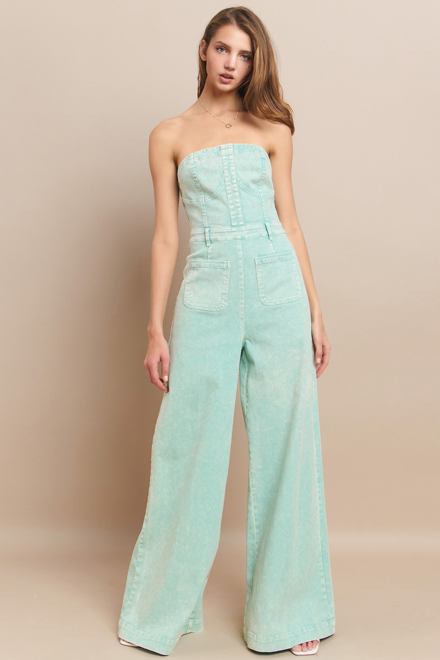 W4406RIB/ WISTERIALANE TUBE TOP DENIM FLARE JUMPSUIT