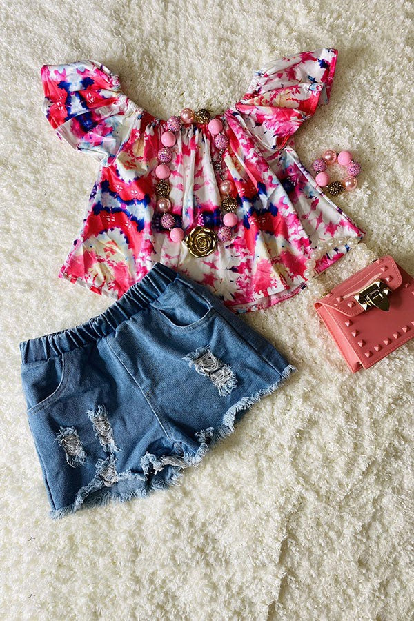 DLH2358 | GIRL'S TIE DYE OFF SHOULDER TOP & LIGHT DENIM SHORTS SET