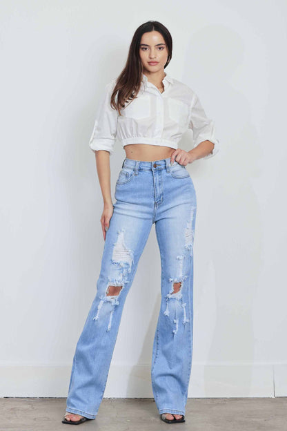 Women's High Rise Distressed Wide Leg Jeans