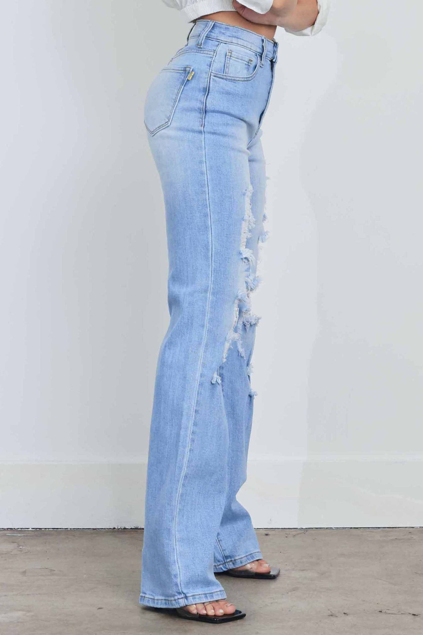 Women's High Rise Distressed Wide Leg Jeans