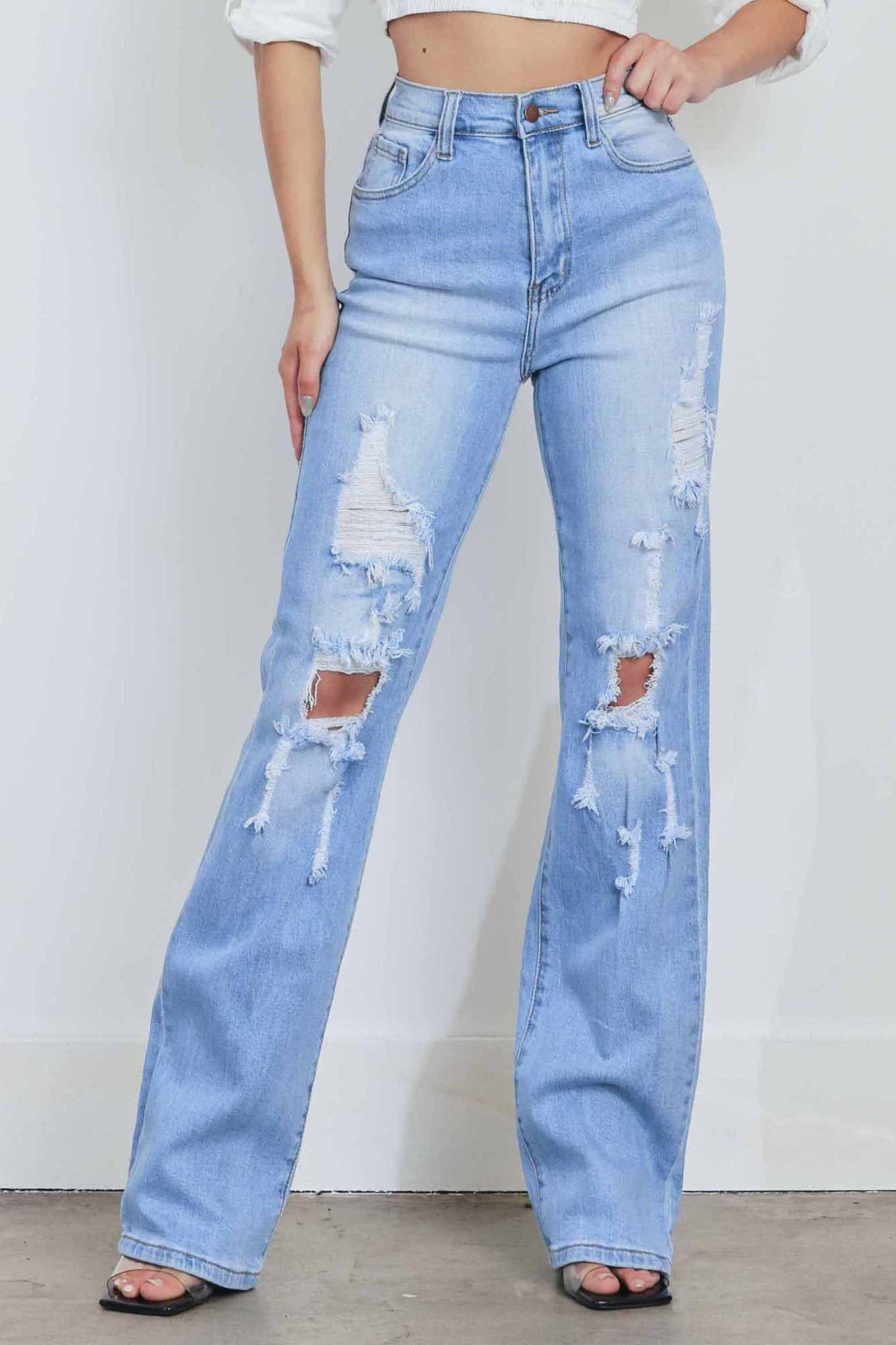 Women's High Rise Distressed Wide Leg Jeans