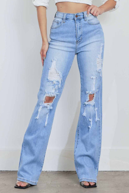 Women's High Rise Distressed Wide Leg Jeans