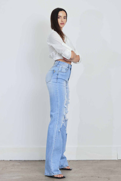 Women's High Rise Distressed Wide Leg Jeans