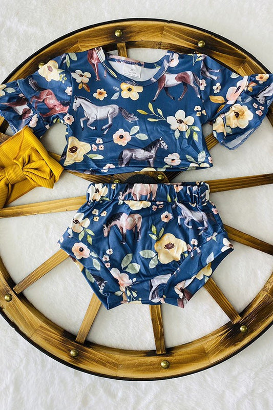 8698MZ | BABY GIRL'S BLUE FLORAL & HORSE 2PC SET