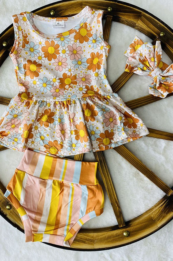 1152WY | BABY GIRL'S PEACH FLORAL STRIPPED 2PC SET