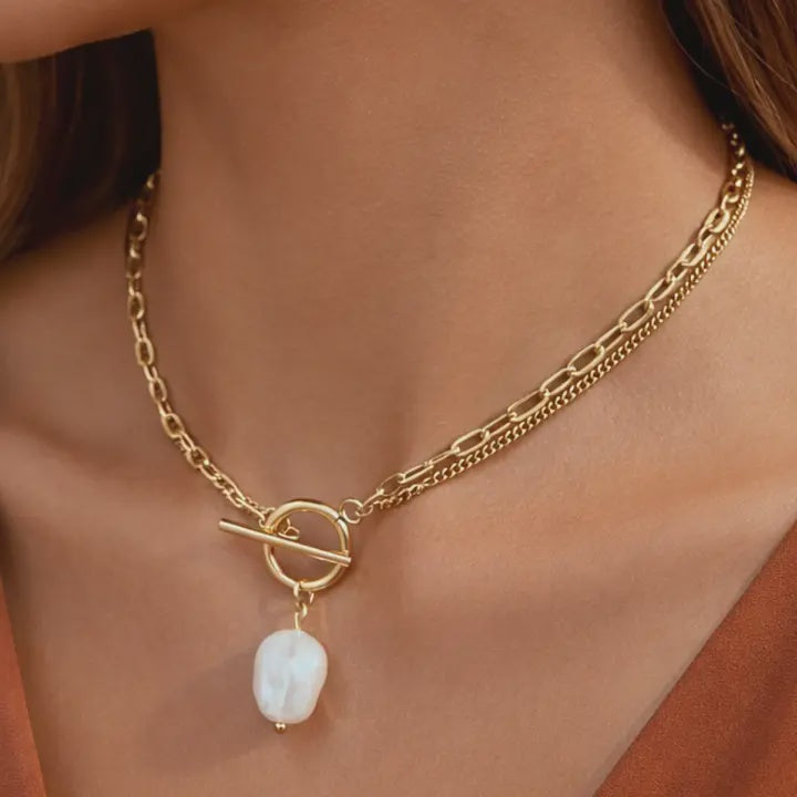18K GOLD PLATED PEARL CHAIN NECKLACE - 6860
