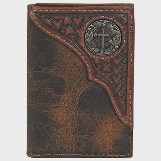 23093765W5 | JUSTIN DARK BROWN DISTRESSED CROSS TRI-FOLD WALLET