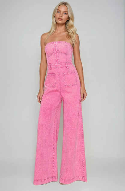 W4406RIB/ WISTERIALANE TUBE TOP DENIM FLARE JUMPSUIT