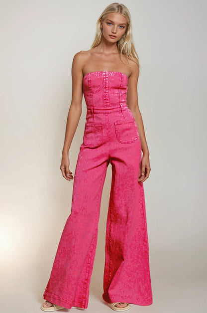 W4406RIB/ WISTERIALANE TUBE TOP DENIM FLARE JUMPSUIT