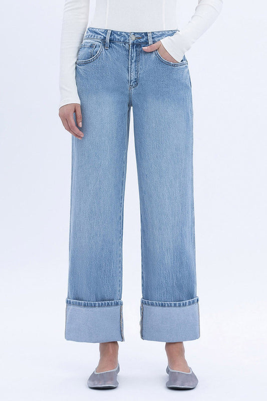 T6513 | VERVET WOMENS SUPER HIGH RISE CUFFED BAGGY STRAIGHT JEAN