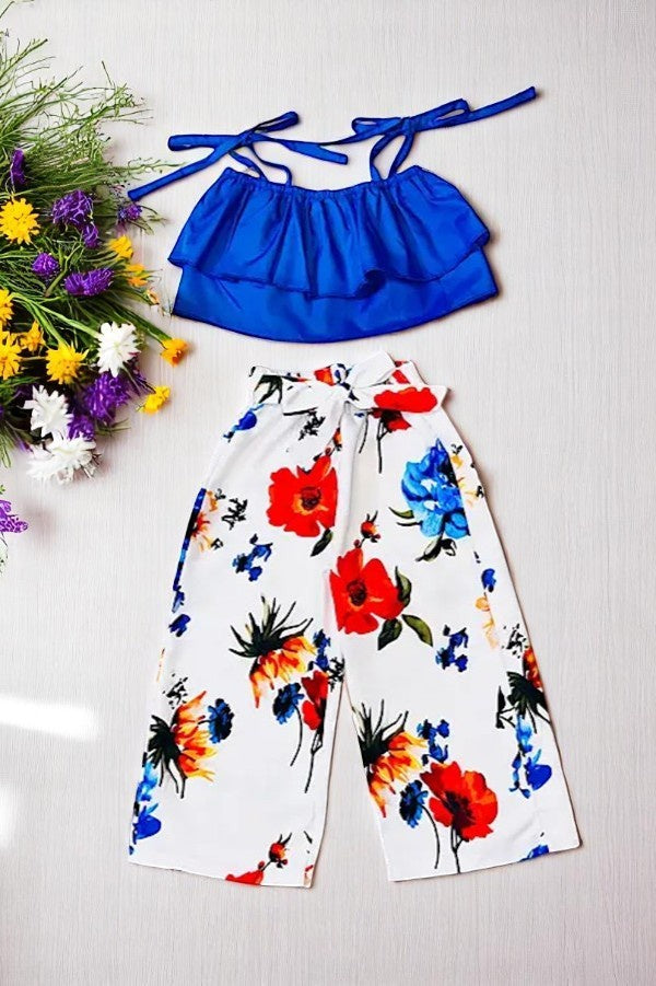 DLH2506 | GIRL'S BLUE RUFFLE TOP FLORAL PANT SET