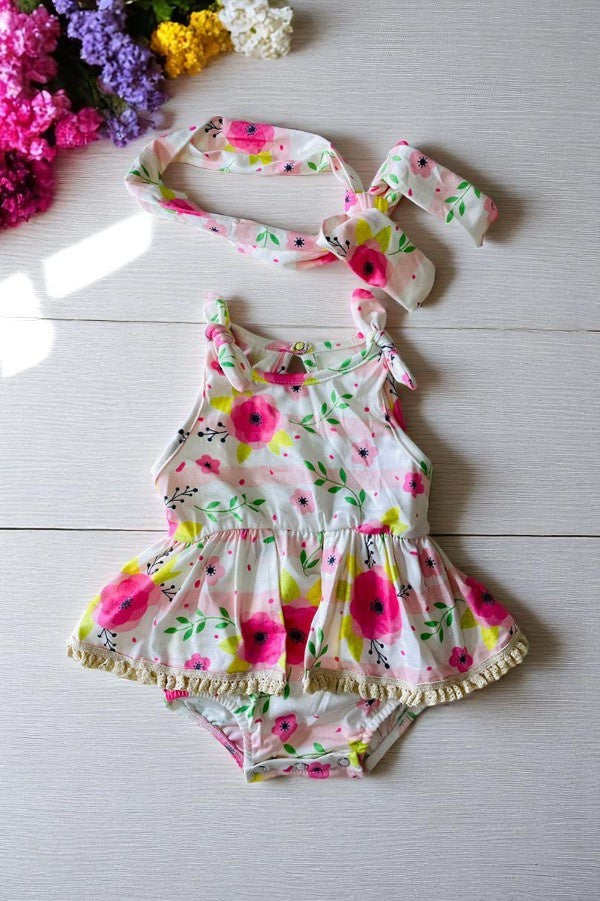 DLH2407 | INFANT GIR'S FLORALROMPER DRESS & HEADBAND