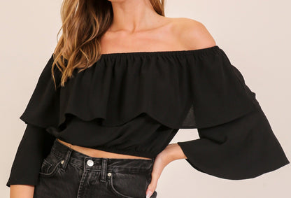 MN4195R | WOMENS RUFFLE OFF SHOULDER CROP TOP