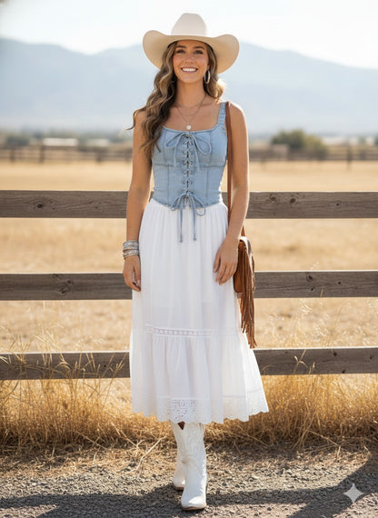 MN5025 | WOMENS LACE UP DENIM TOP