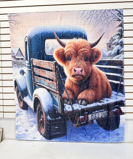 HIGHLAND COW IN TRUCK WESTERN FLANNEL BLANKET