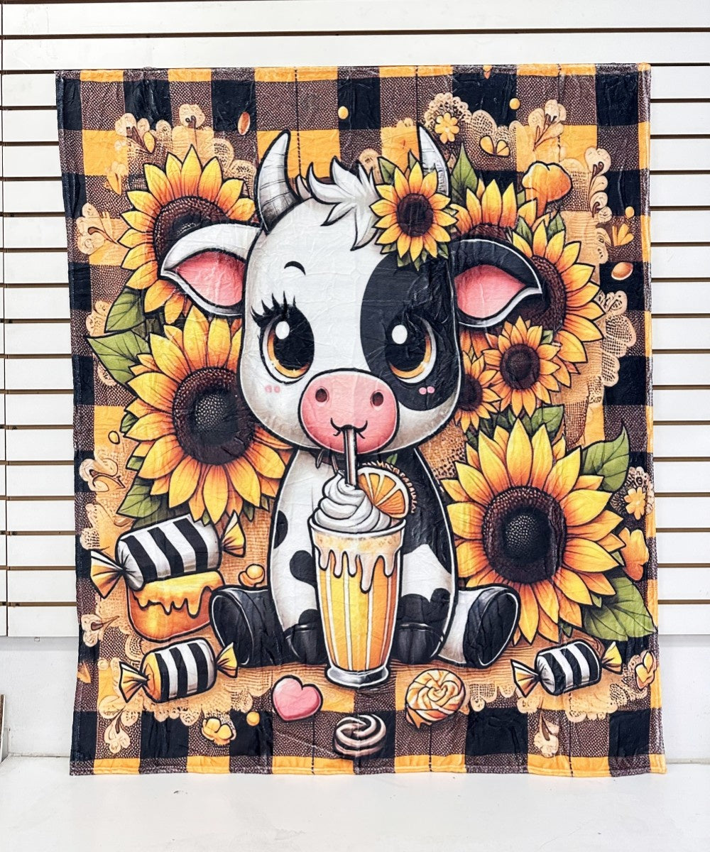 YELLOW COW SUNFLOWER WESTERN FLANNEL BLANKET