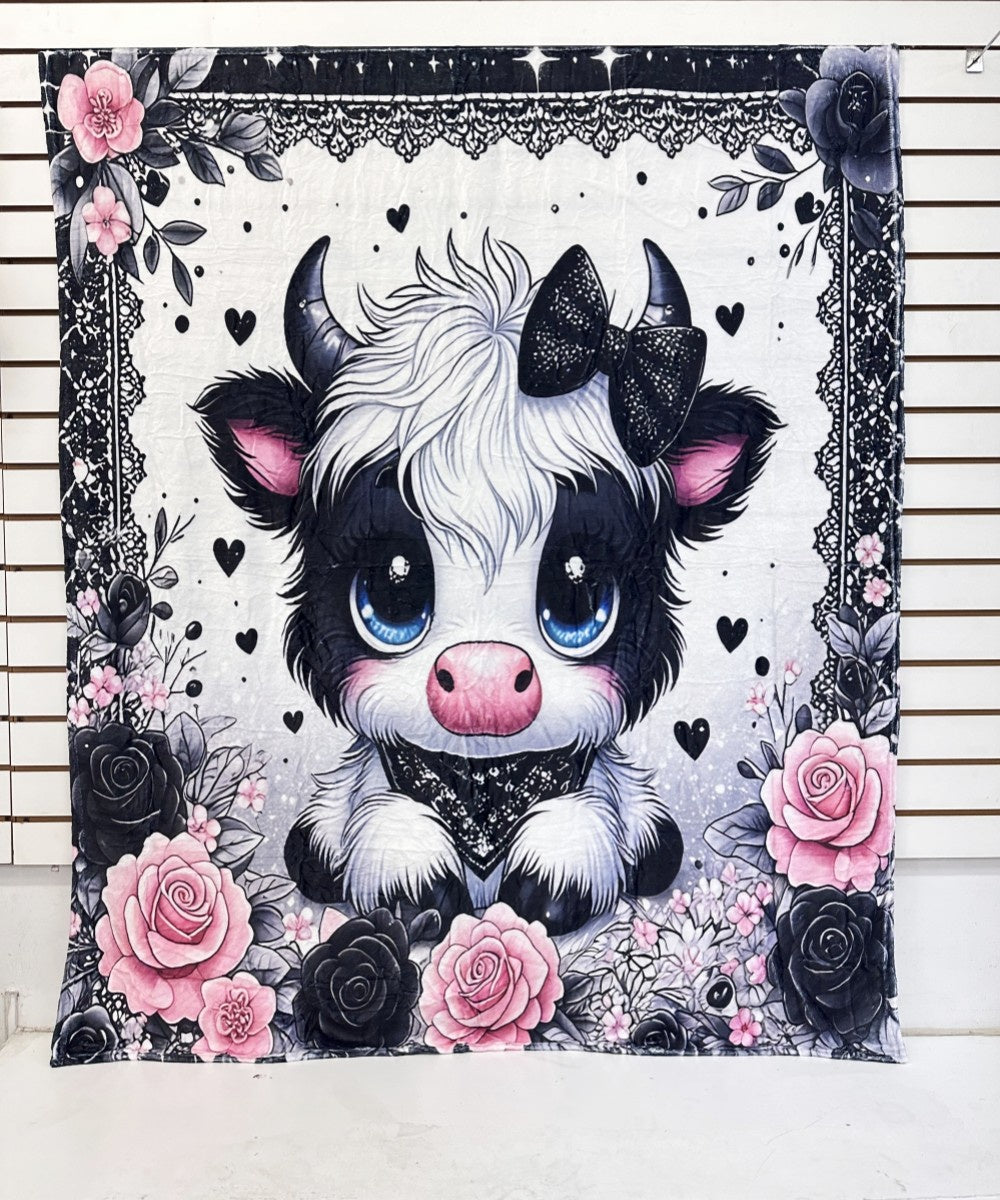 BLACK HIGHLAND COW PRINT WESTERN FLANNEL BLANKET
