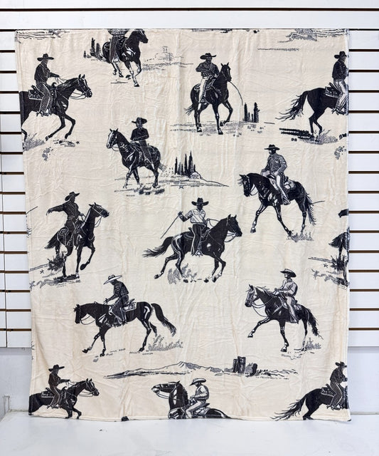CREAM WESTERN COWBOY PRINT FLANNEL BLANKET