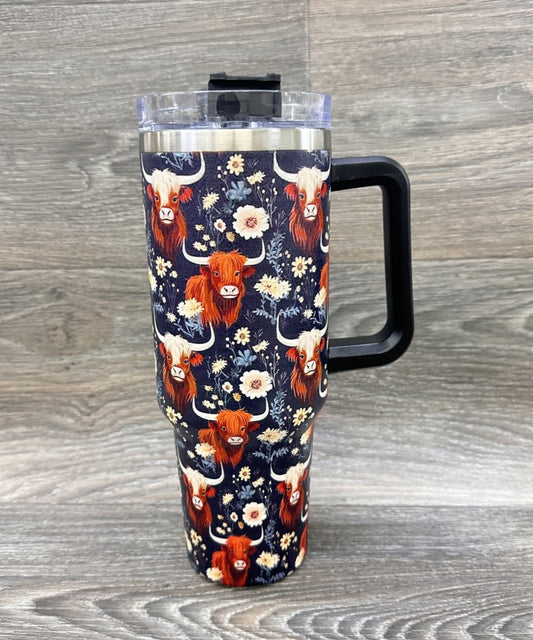 BLACK FLORAL LONGHORN STAINLESS STEEL 40oz TUMBLER