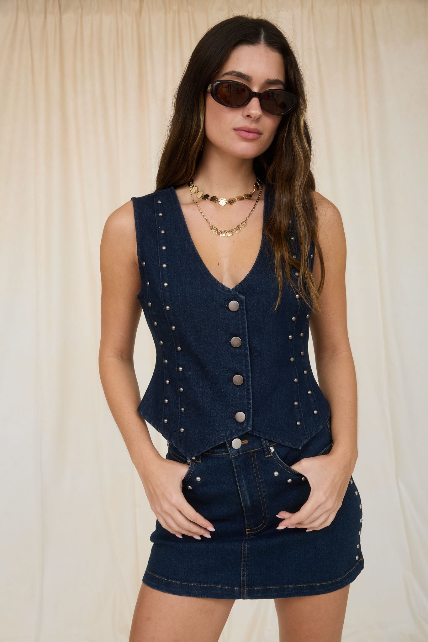 TWS1204 | WOMENS STUD BUTTON DOWN DENIM VEST
