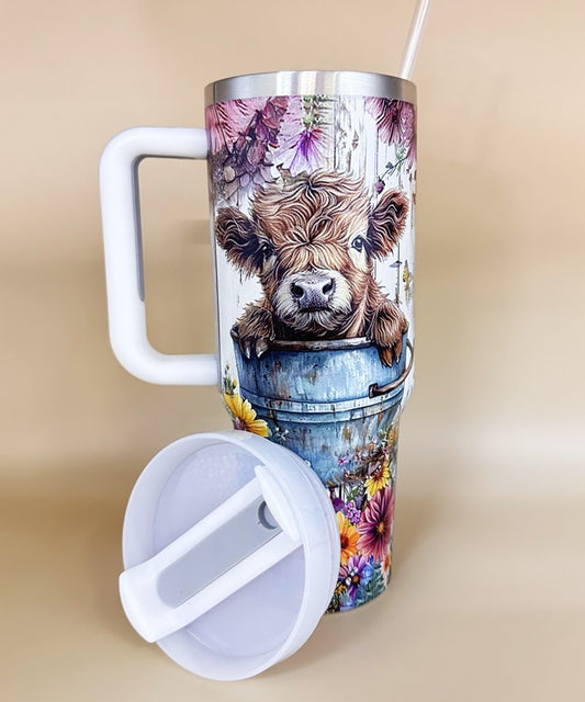 COLORFUL HIGHLAND COW FLOWERS STAINLESS STEEL 40oz TUMBLER