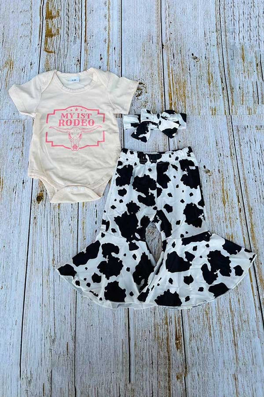 251304M | BABY GIRL'S RODEO ROMPER & COW BELL BOTTOM PANT 3PC SET