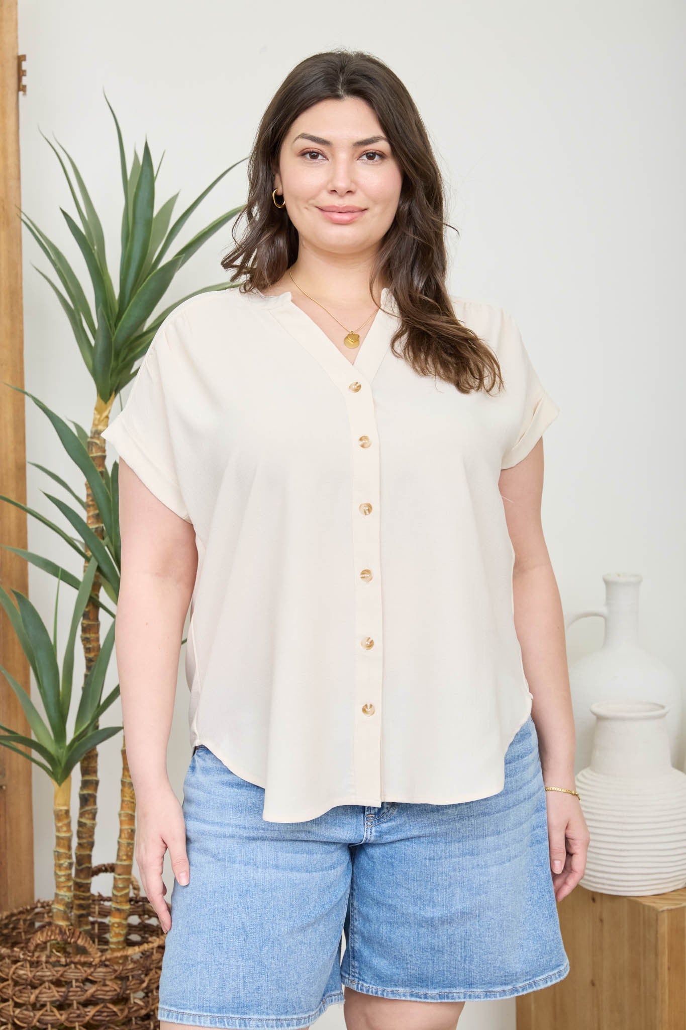 PCR2151 | WOMENS PLUS CUFFED SLEEVE BUTTON DOWN TOP