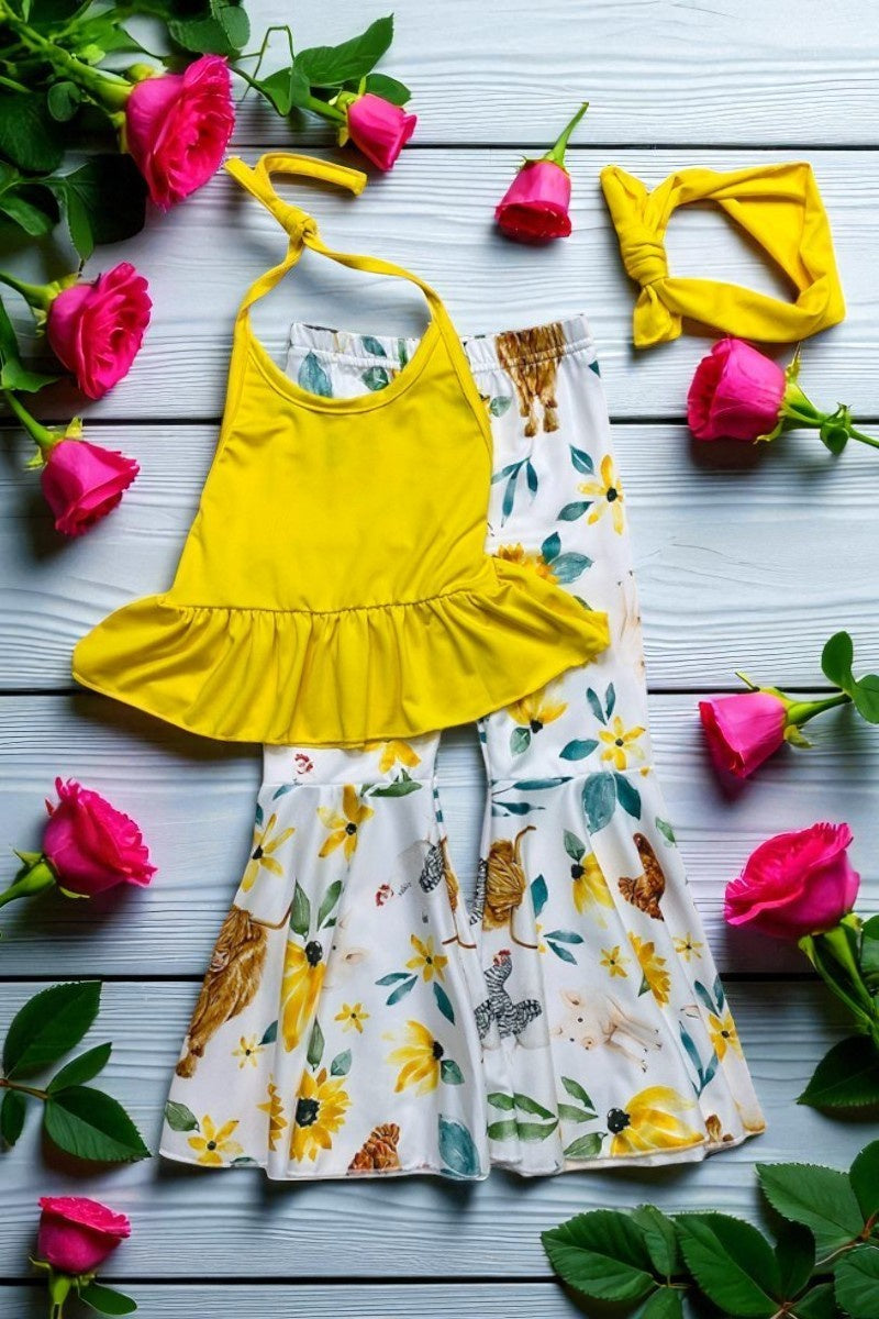DLH1224-13 | GIRL'S YELLOW HALTER TOP & FLORAL FARM BELL BOTTOMS 2PC SET